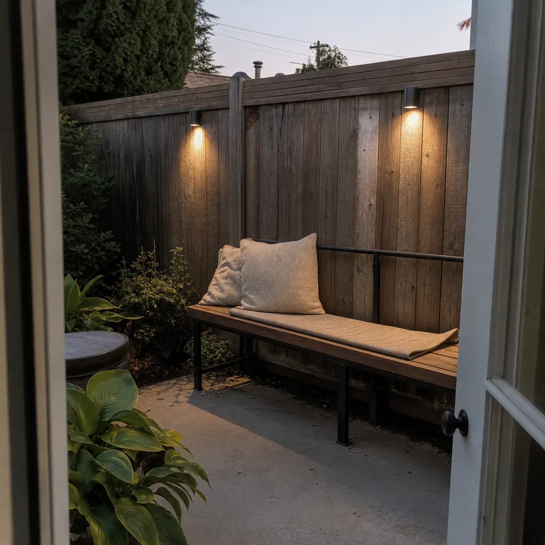 Two battery sconces clipped to a fence rail illuminate a bench on a narrow patio.