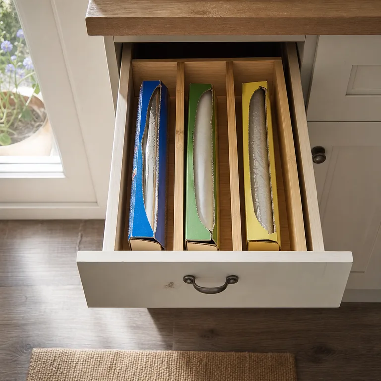 A shallow kitchen drawer divided into separate lengthwise lanes for foil, parchment, and plastic-wrap boxes.