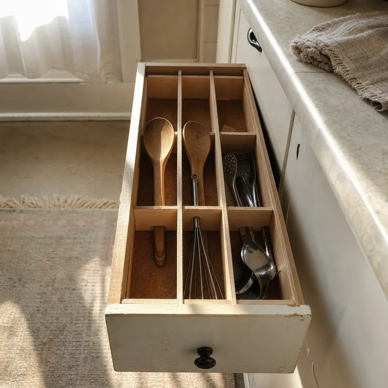 Narrow kitchen drawer fitted with a simple custom plywood divider grid.