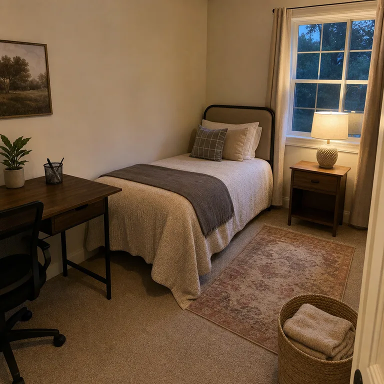 Tidy small bedroom office arranged with a made-up guest bed and clear desk.