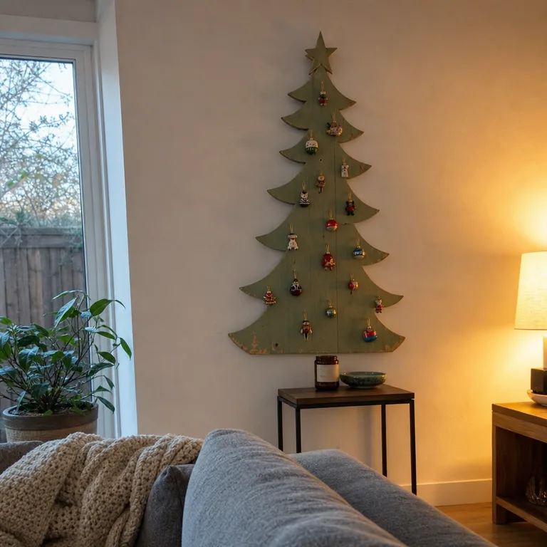 Slim flat wood Christmas tree panel mounted behind a small sectional sofa.