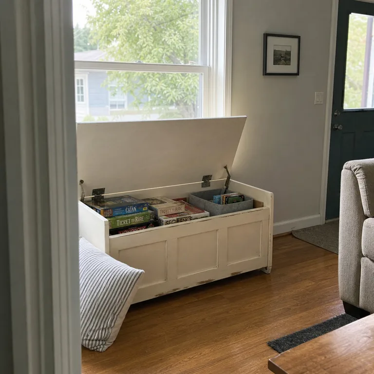 Lift-top storage bench holding family board games below a living room window.