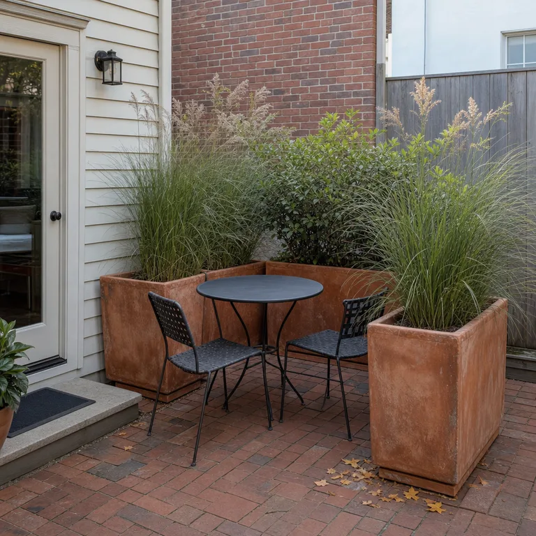 Tall grasses in terracotta planters create a private corner around a small patio table.