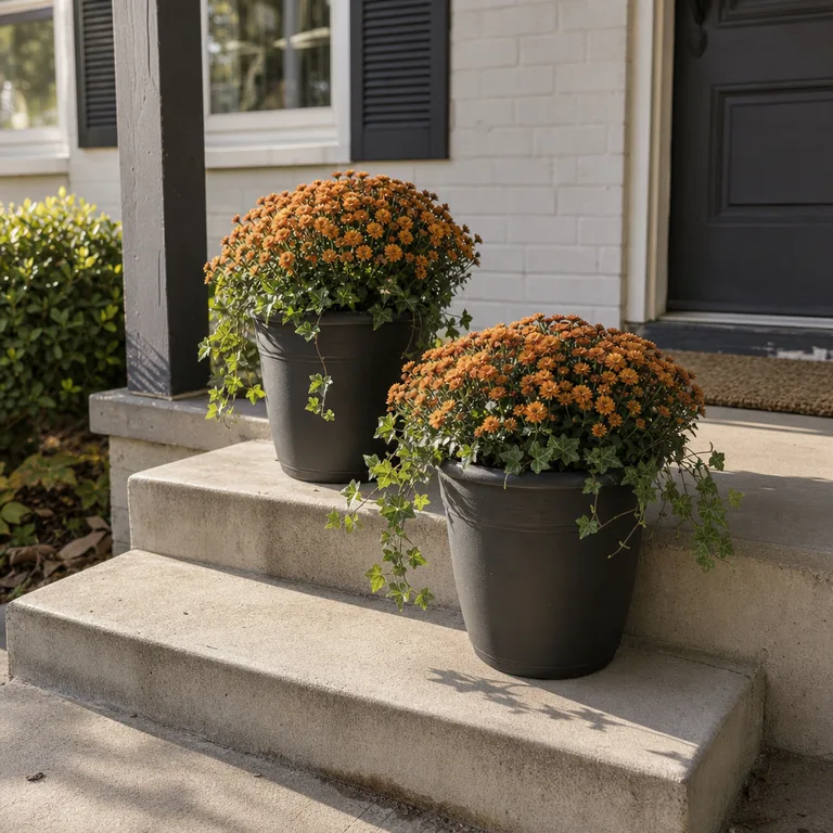 Two charcoal porch pots planted with orange mums and trailing ivy on concrete front steps.