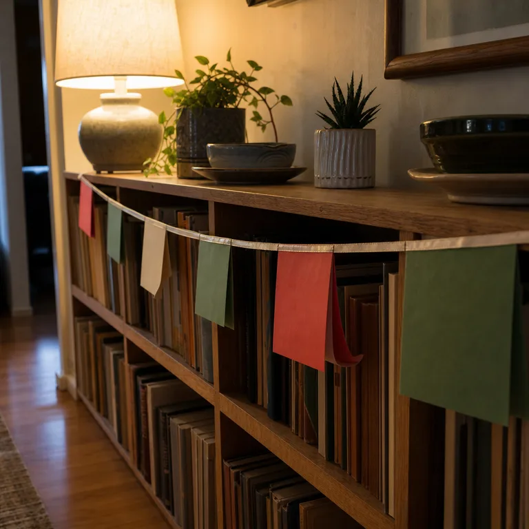 Plain colored folded cards on cotton ribbon hang along a narrow living-room bookcase.