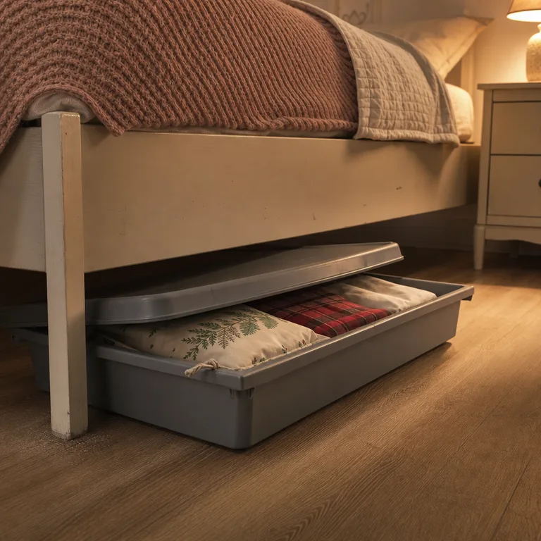 A shallow lidded under-bed container stores folded seasonal sheet sets.
