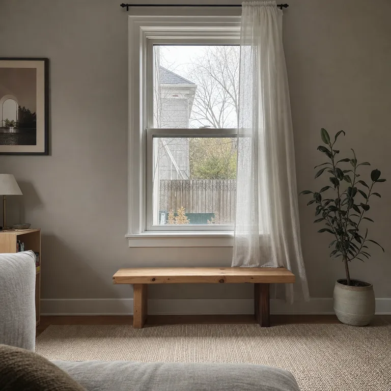 A low pine bench sits below a raised sash window, leaving the latch and window opening clear.