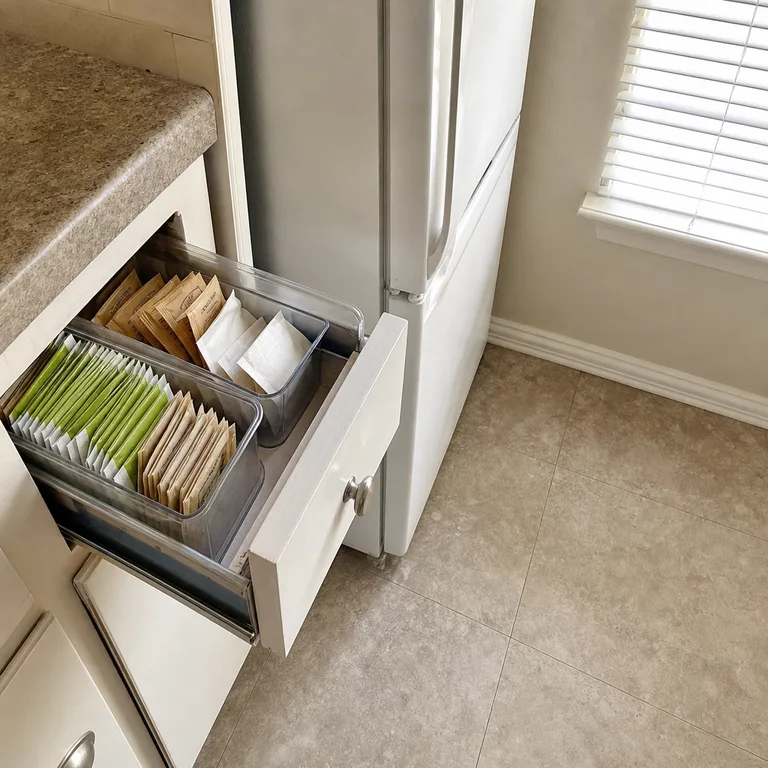 Narrow kitchen drawer with separate bins for tea and seasoning packets.