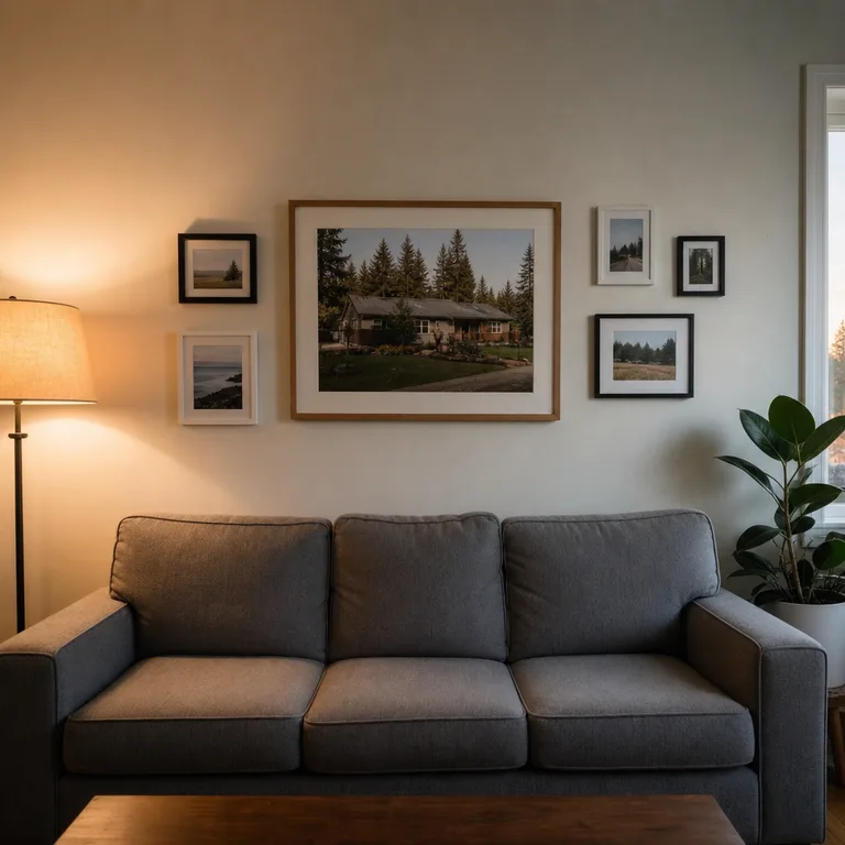 One large framed family photo is surrounded by four smaller photos above a gray sofa.