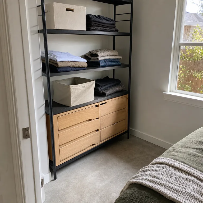 A tall open storage rack with shelves surrounding a low wooden drawer unit in a small bedroom.