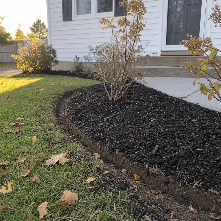 A hand-cut spade edge separating grass from dark mulch around a small shrub bed.