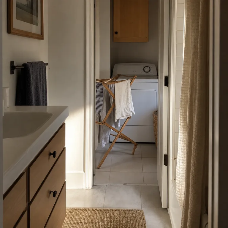 Collapsible wooden drying rack stands near a bathroom laundry nook without blocking the appliance.
