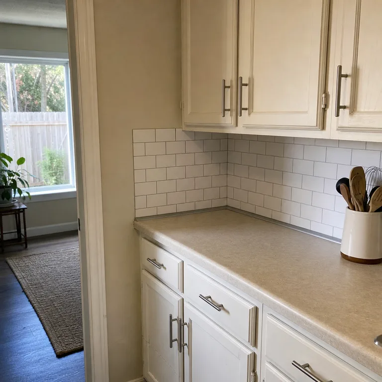 A short rental kitchen counter with white subway-pattern adhesive backsplash film on a plain wall.