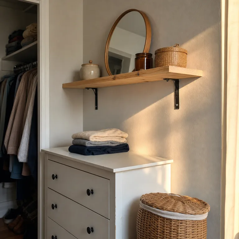 A pine wall shelf above a dresser corner holding a small mirror and covered grooming containers.