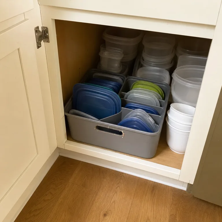 Divided tote organizing food-storage lids in a deep corner cabinet.