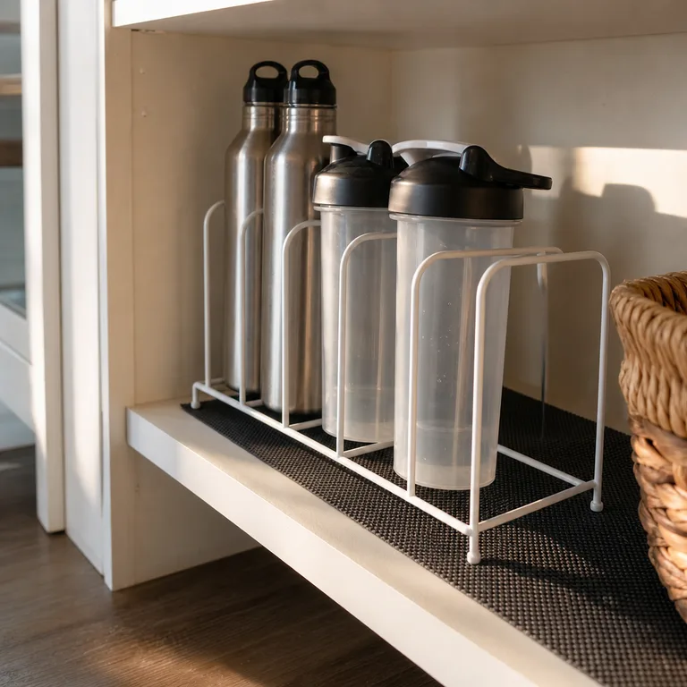 Short bottles and shaker cups lie in separate slots of a file-style wire organizer.