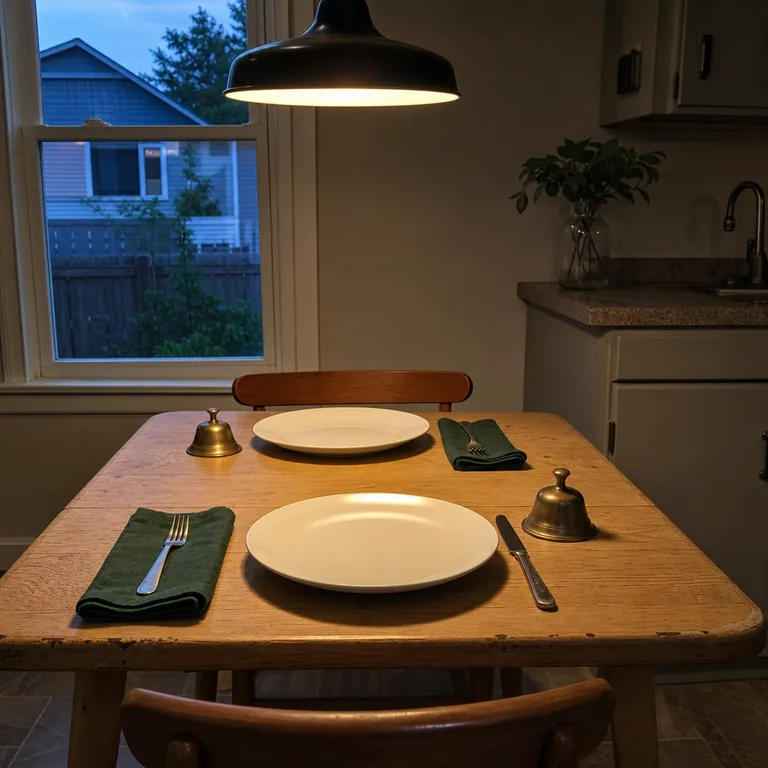 A small two-person table uses white plates, dark green napkins, and a small bell beside each setting.
