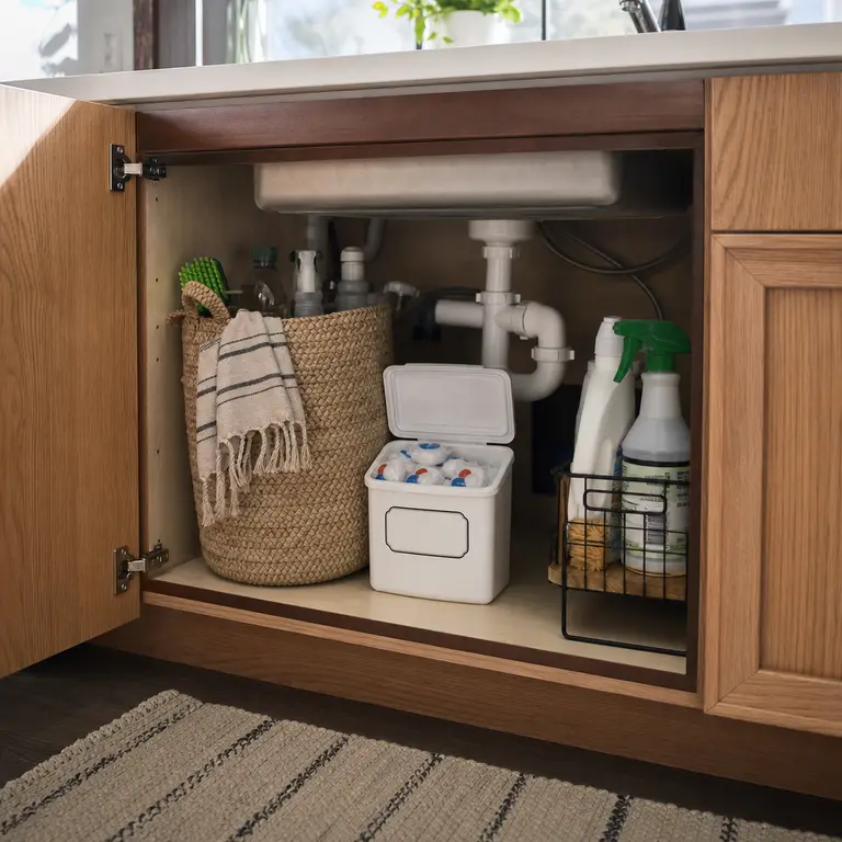 A sealed bin stores dishwasher detergent separately in an under-sink cabinet.