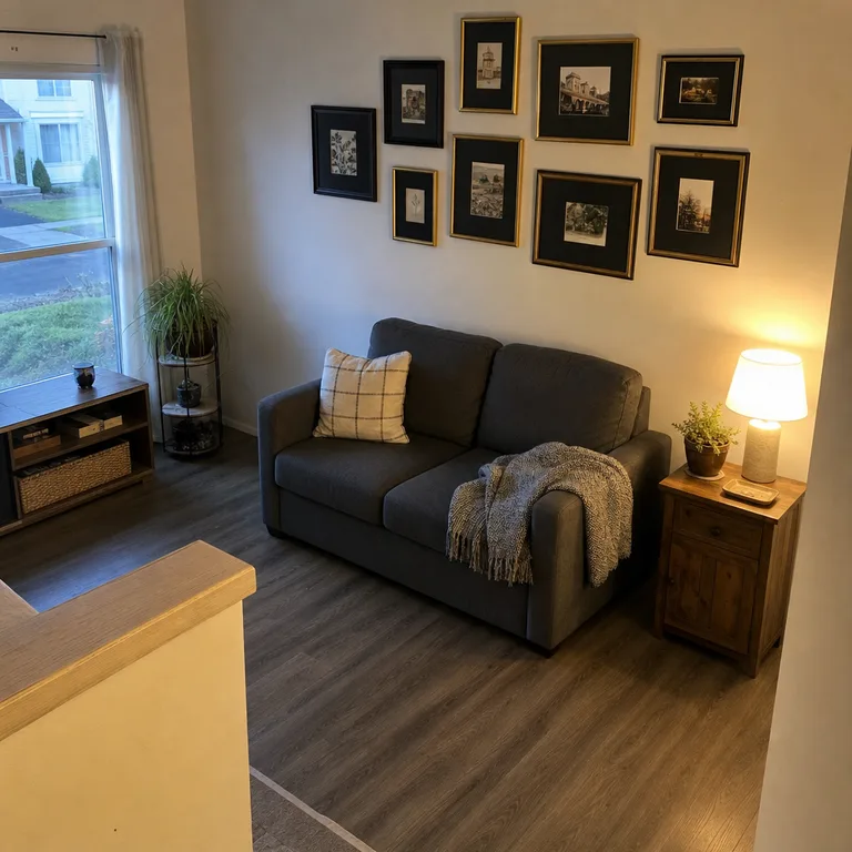 Mixed frames with repeated black mats arranged in a loose grid over a loveseat.