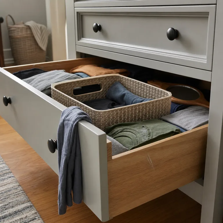 An open dresser drawer holding a handled grooming caddy beside folded clothing.