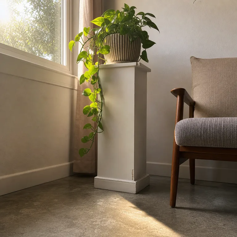 A trailing houseplant sits on a sturdy pedestal beside a bright living-room window.