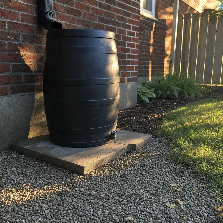 Rain barrel sitting on a level concrete paver base beside a small brick house.
