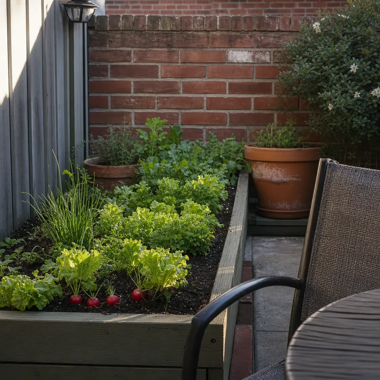 A shallow raised bed with lettuce, radishes, parsley, and chives near a brick patio wall.
