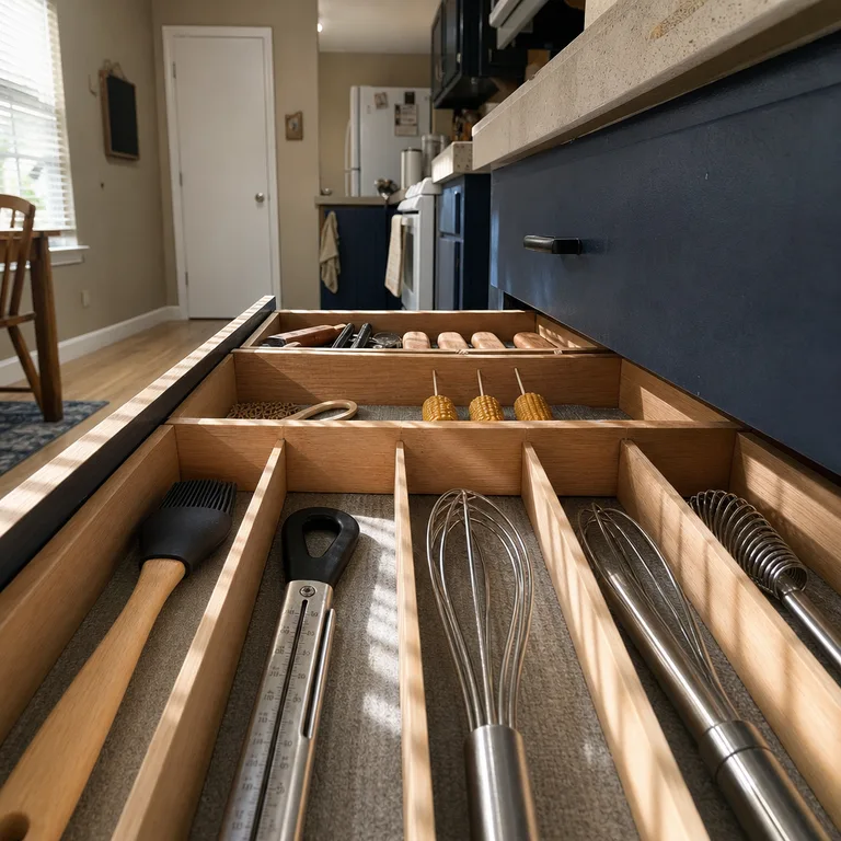 Kitchen drawer with a back compartment for less frequently used small tools.