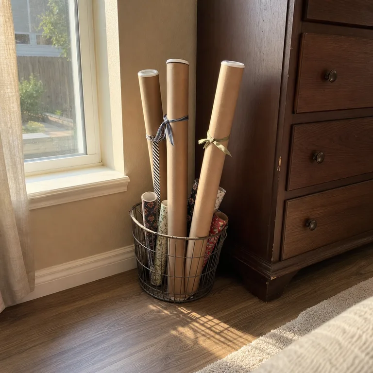 Cardboard poster tubes in a bedroom basket storing rolled gift-wrap scraps.
