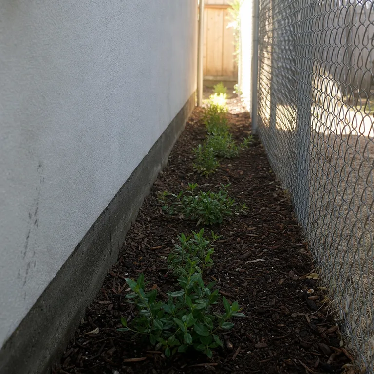 Repeated low groundcover planted along a narrow shaded side-yard strip.