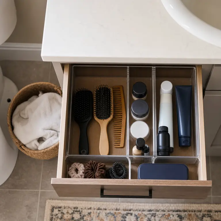 Bathroom drawer organized as a dry grooming station with brushes and products.