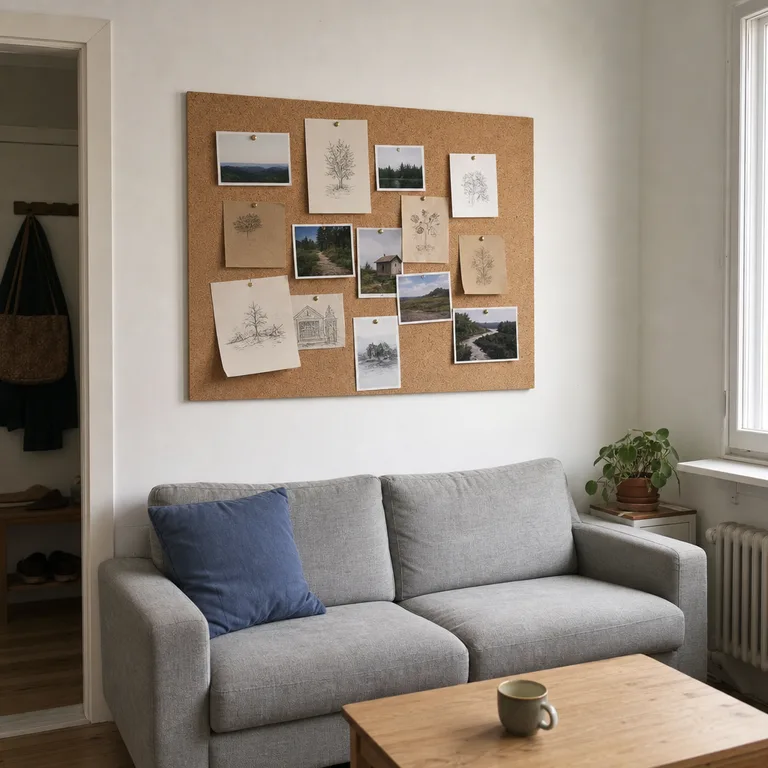 A large corkboard collage of sketches, postcards, and small photos above a light-gray sofa.