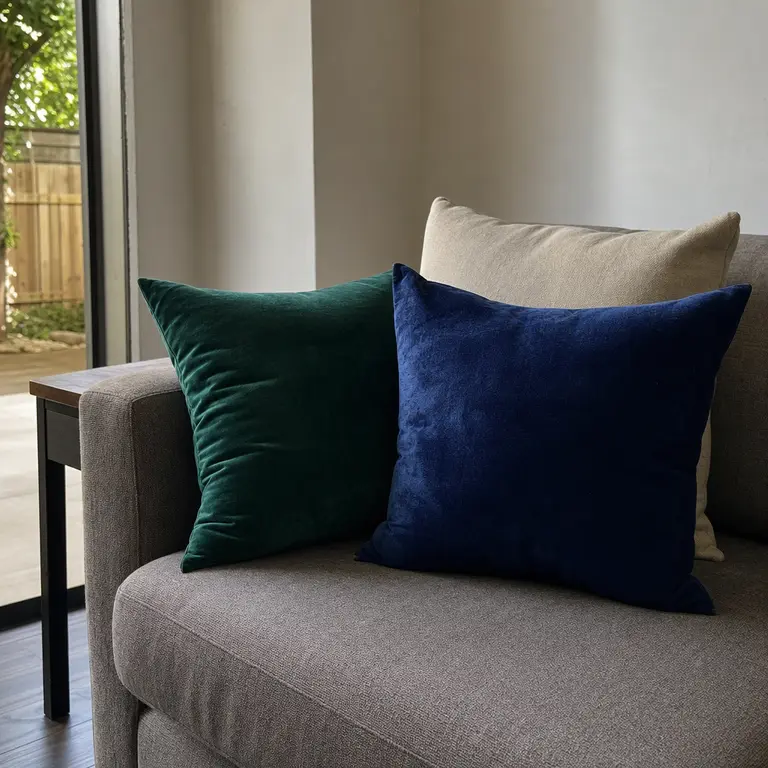 Jewel-tone velvet pillows on a neutral living room sofa.