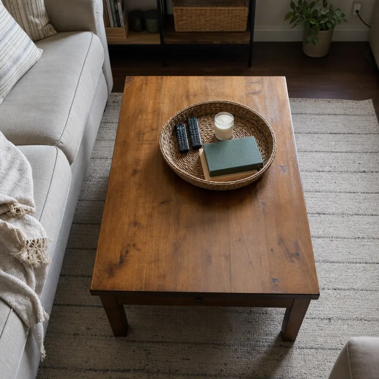 A shallow woven tray organizing everyday items on a wood coffee table.
