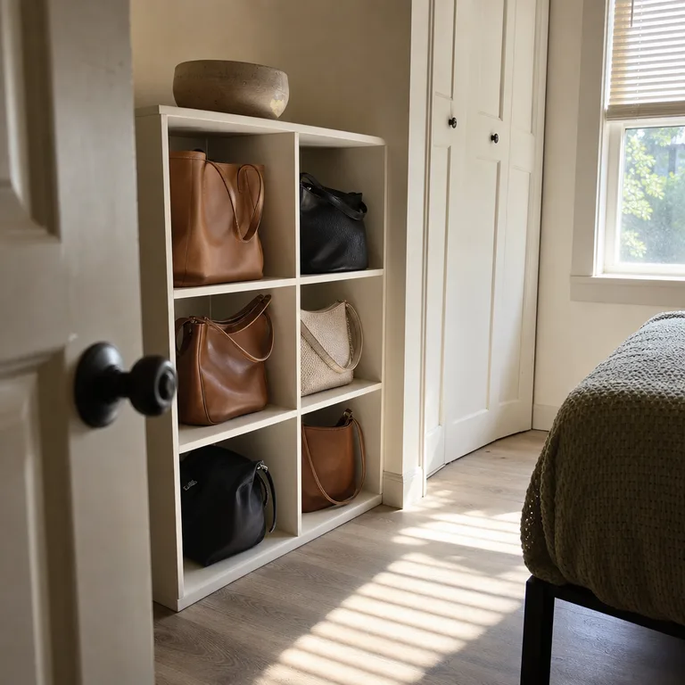 Structured handbags stored separately in open cube compartments.