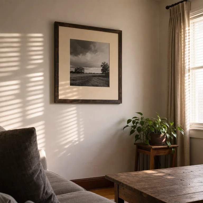 A single large worn wood frame with a wide cream mat and landscape print over a living-room sofa.