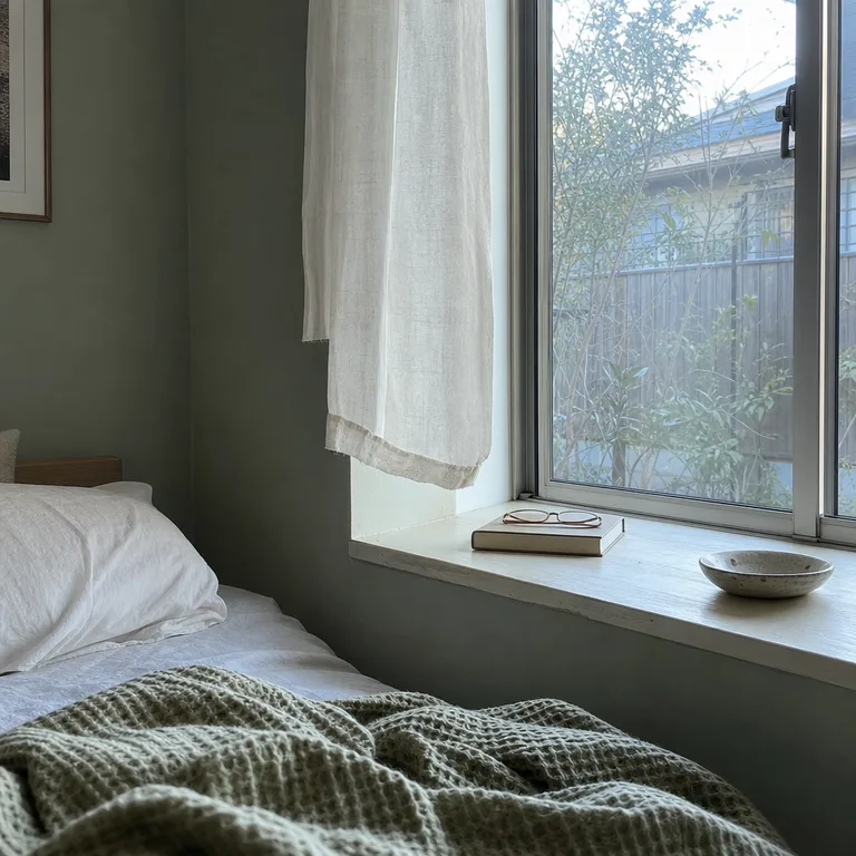 A deep painted windowsill next to a bed holds glasses and a book in place of a nightstand.