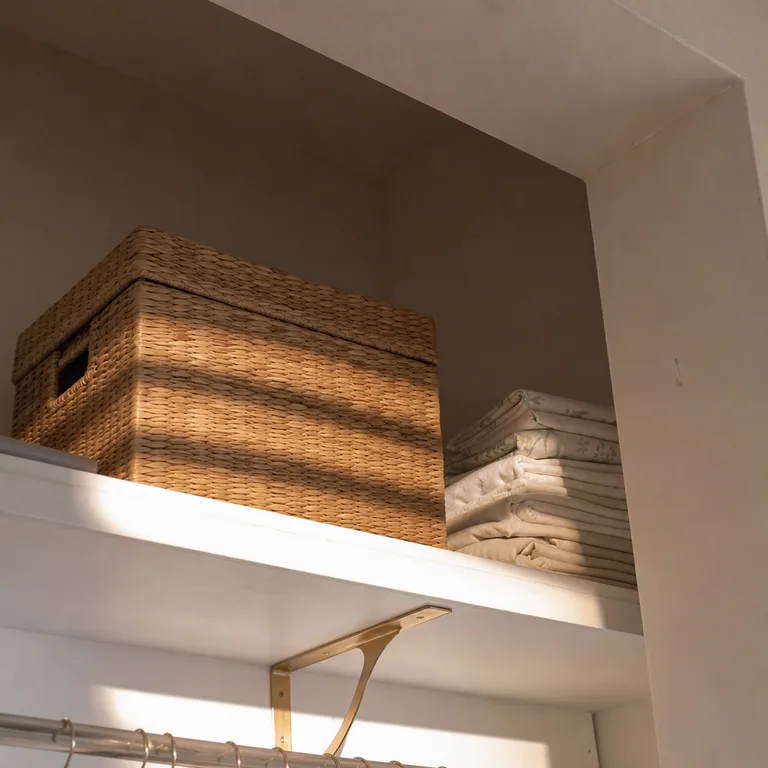 A lidded woven basket keeps fitted sheets and pillowcases together on a high closet shelf.