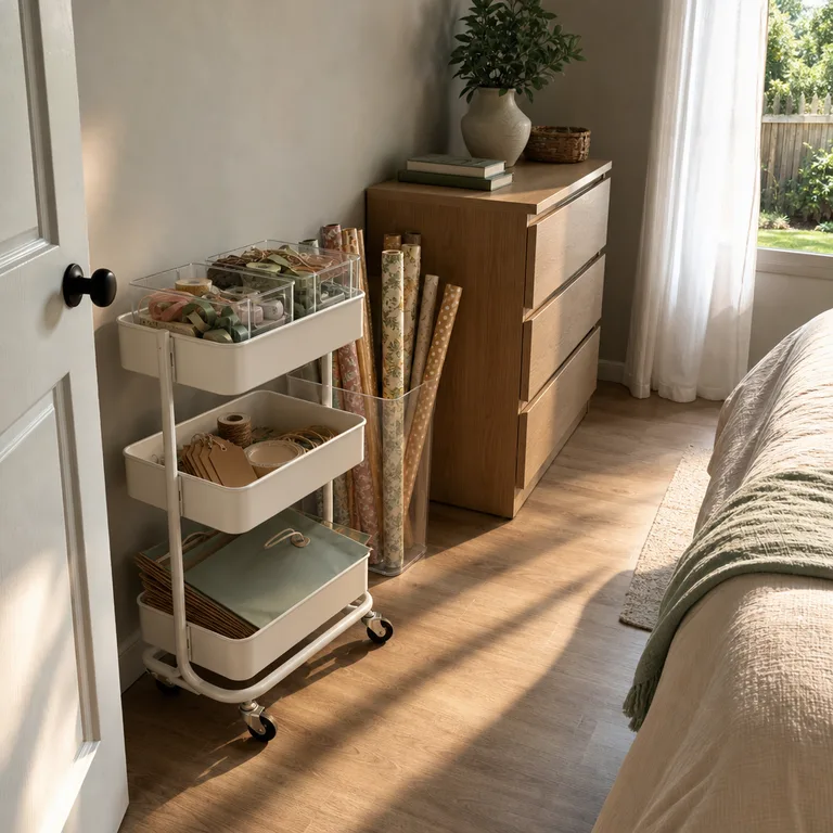 A slim rolling cart beside a bedroom dresser storing gift-wrap supplies and shorter paper rolls.