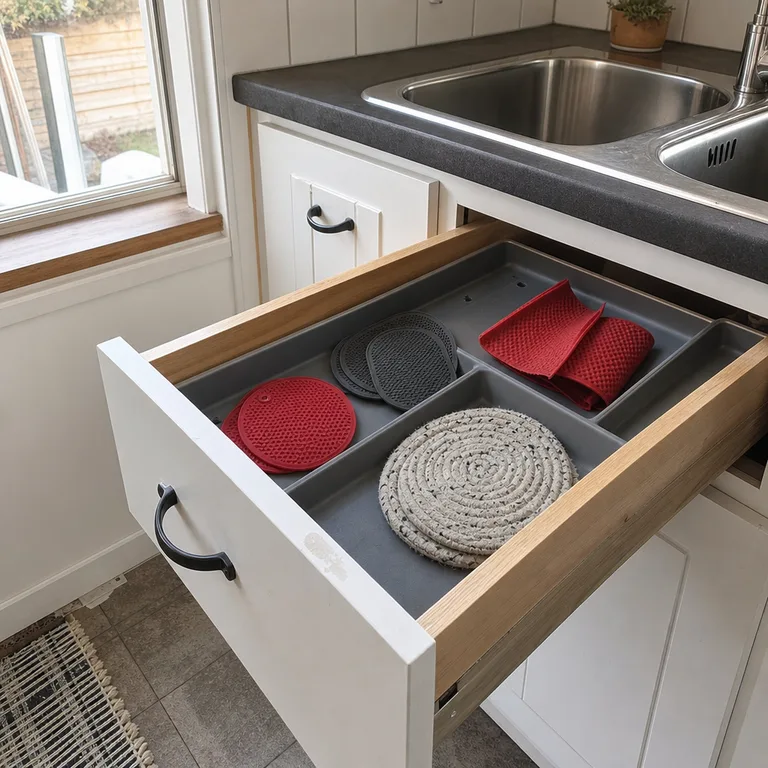 Wide shallow kitchen drawer compartment holding silicone jar grips and trivets flat.
