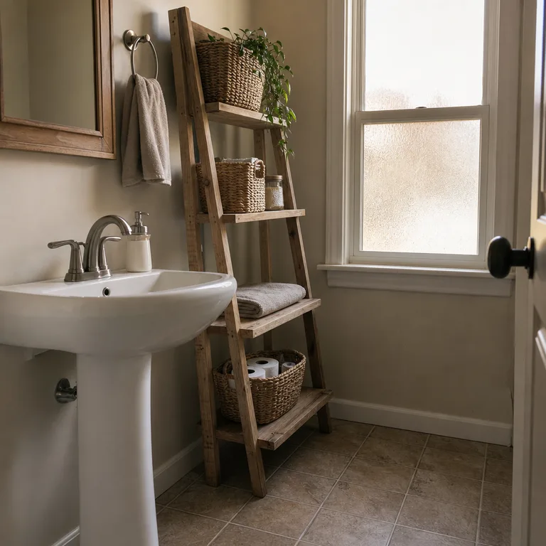 Narrow leaning ladder shelf near a pedestal sink adds open storage surfaces.