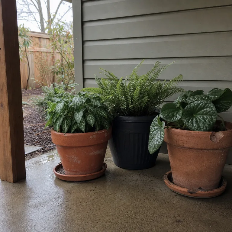 Shade plants growing in simple containers on a covered patio.