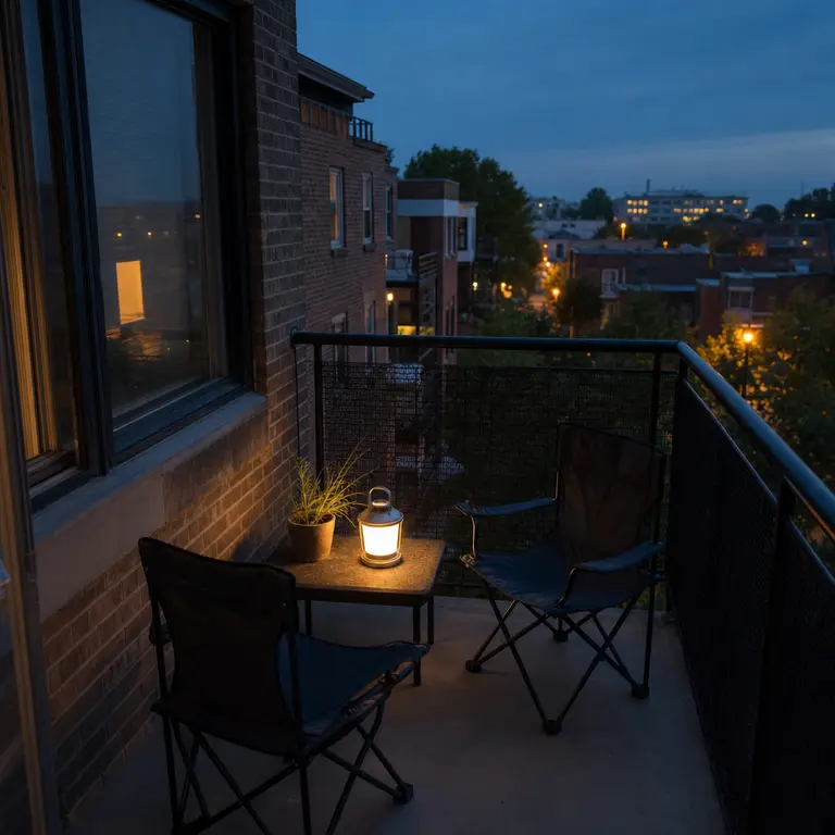 Two compact chairs and removable lights create an evening conversation corner on a balcony.
