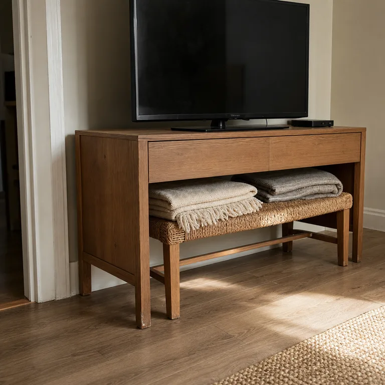 A narrow woven bench with folded throws sits beneath a legged wooden TV console.