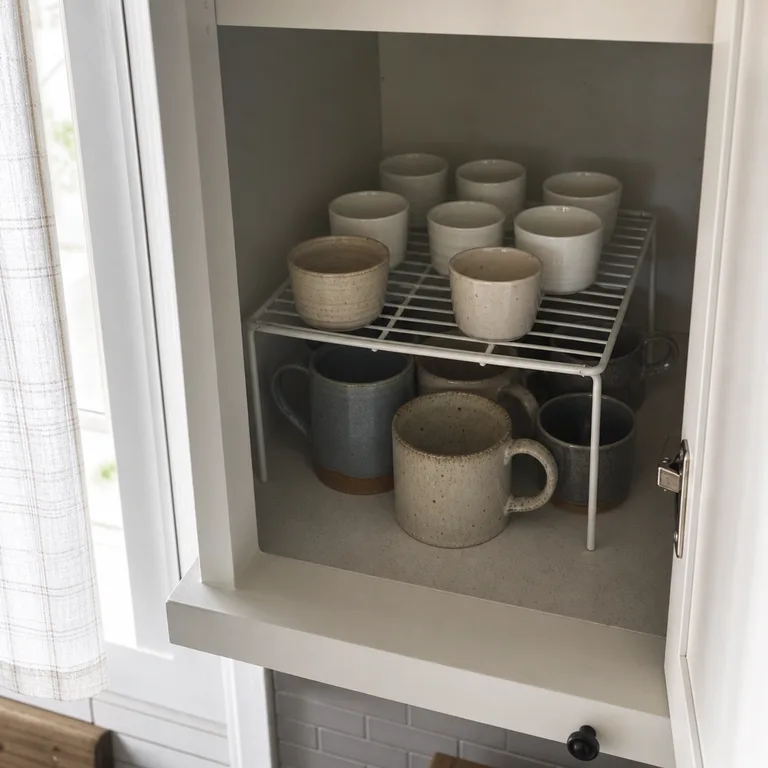 Short shelf riser in a cabinet holding small cups above larger mismatched mugs.