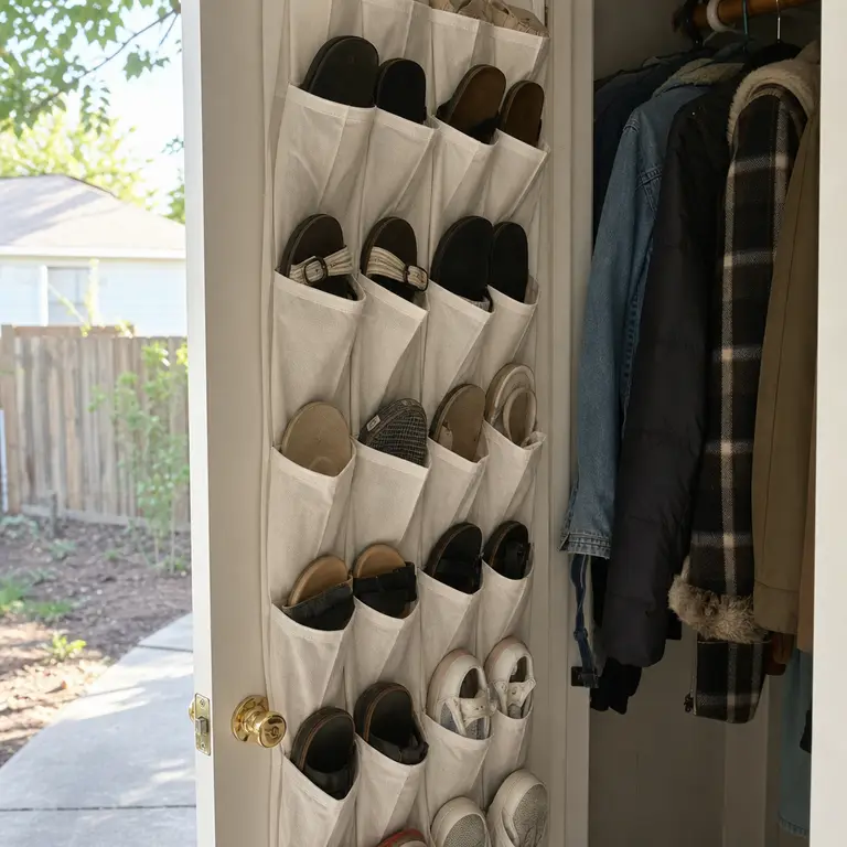 Fabric pocket organizer holding lightweight shoes on the back of an entry closet door.
