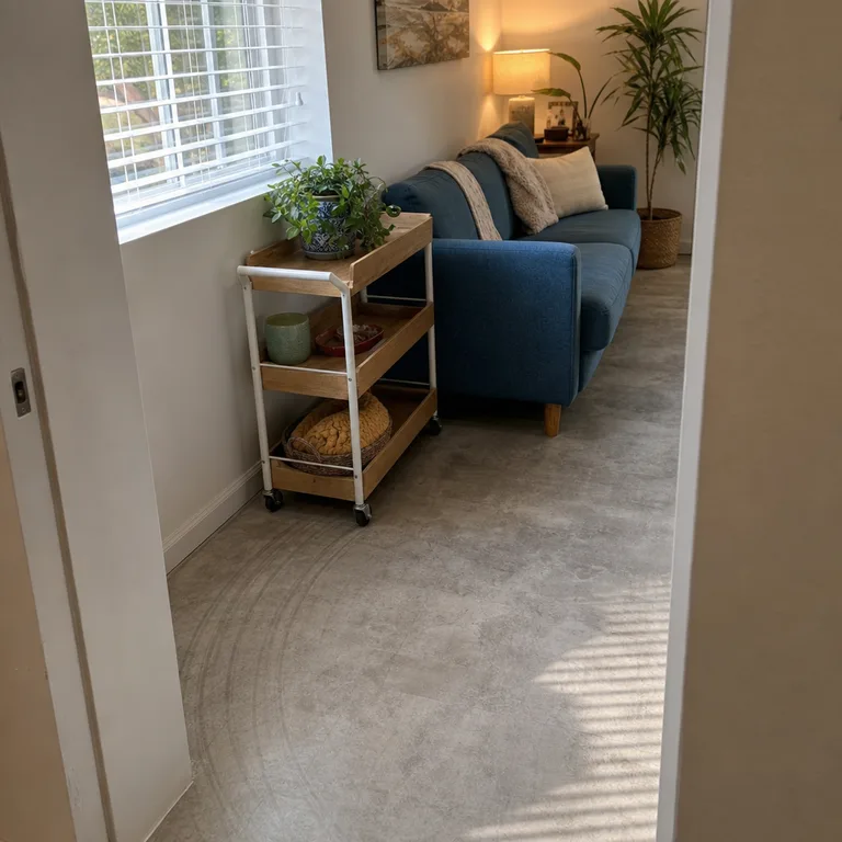 A slim rolling cart beside a blue sofa can be moved away to clear a small living room.