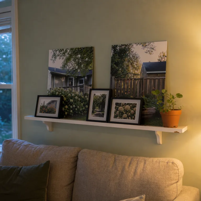 Large and small family photos overlap on a white picture ledge above a linen sofa.