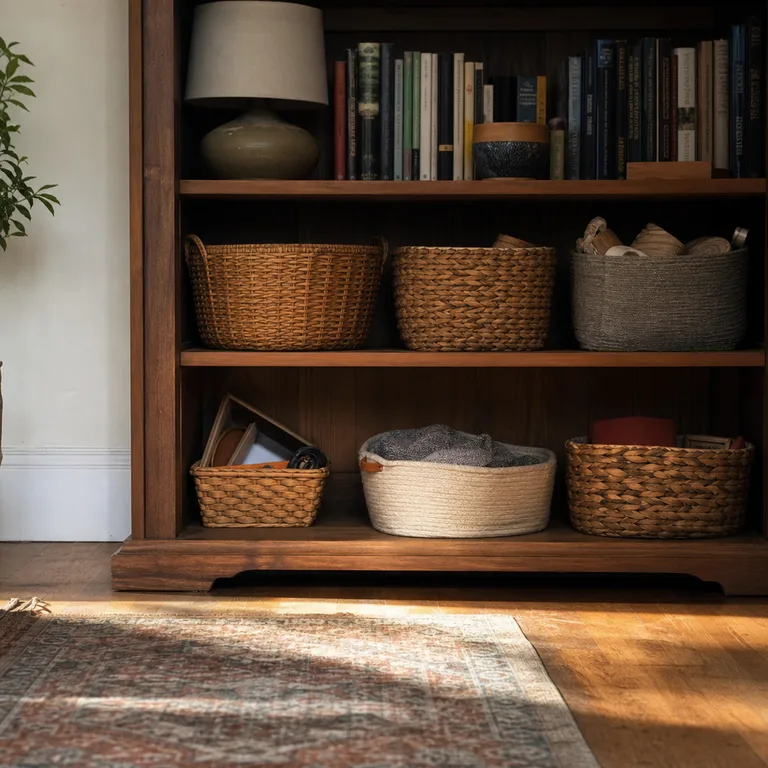 Woven baskets on lower bookshelf shelves conceal small household items.
