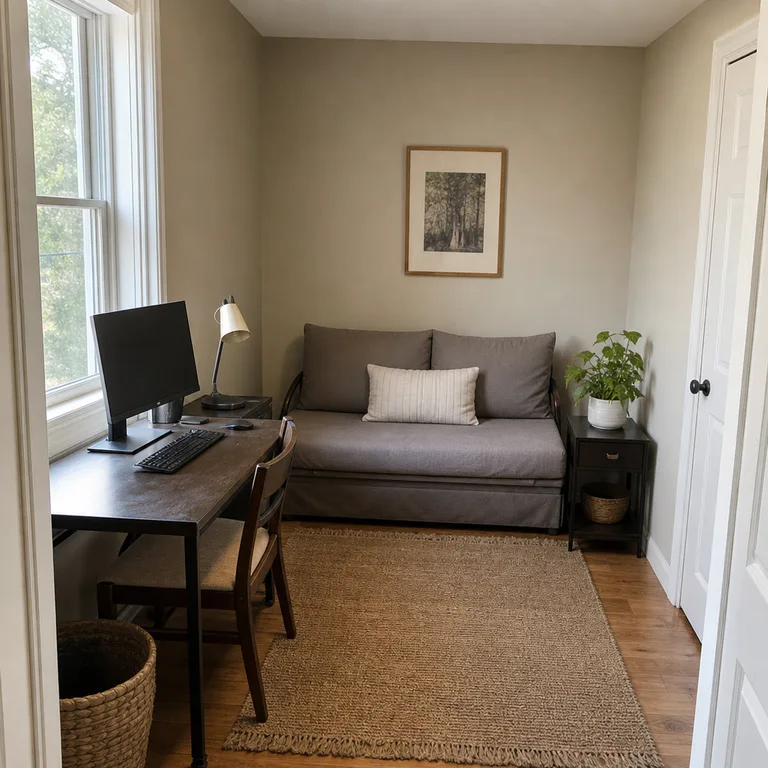 Small office with a compact sofa bed facing a slim desk wall.